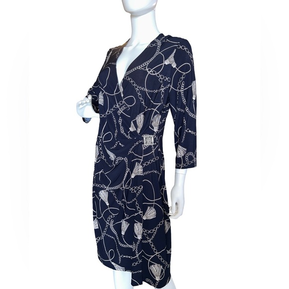 ANNE KLEIN
Beautiful dress with elegant chain pattern on navy background NWOT - Picture 1 of 9